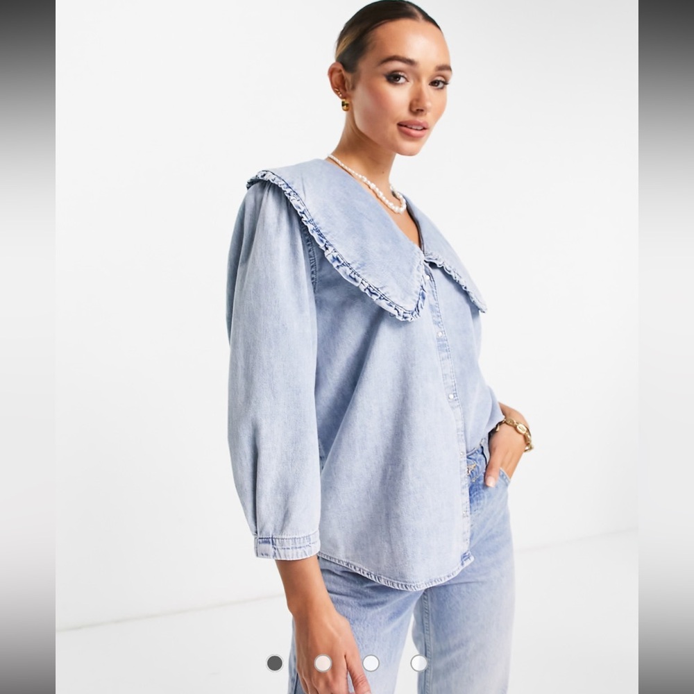 ASOS Mango Blue Denim Oversized Peter Collar Ruffled Top.  Size 2